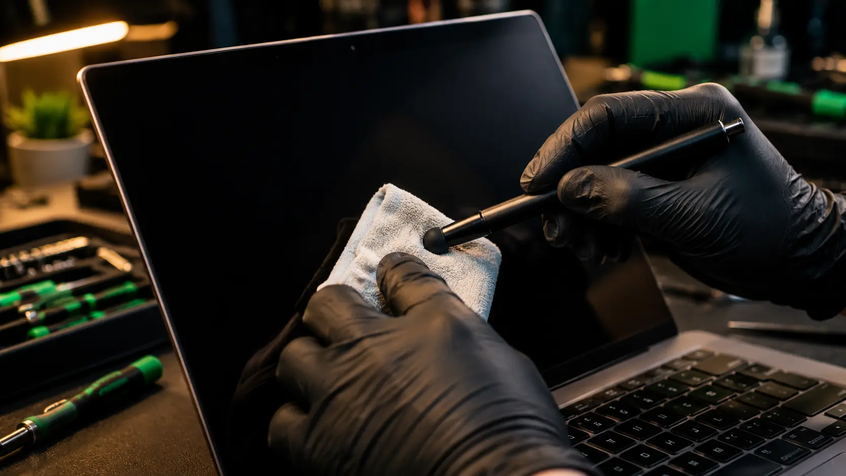 A soft microfiber cloth being used to apply gentle pressure on a laptop screen
