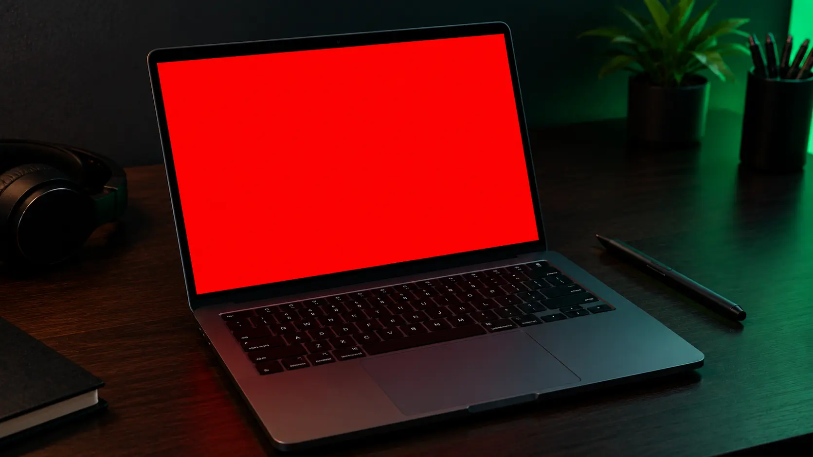 A laptop displaying a solid red full-screen test pattern for dead pixel detection