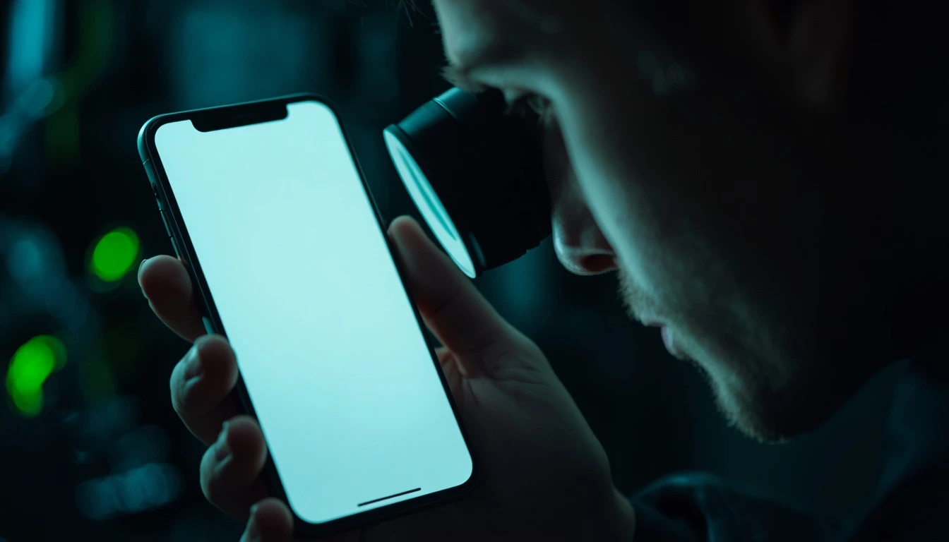 A technician inspecting an iPhone screen for defects using a magnifying glass