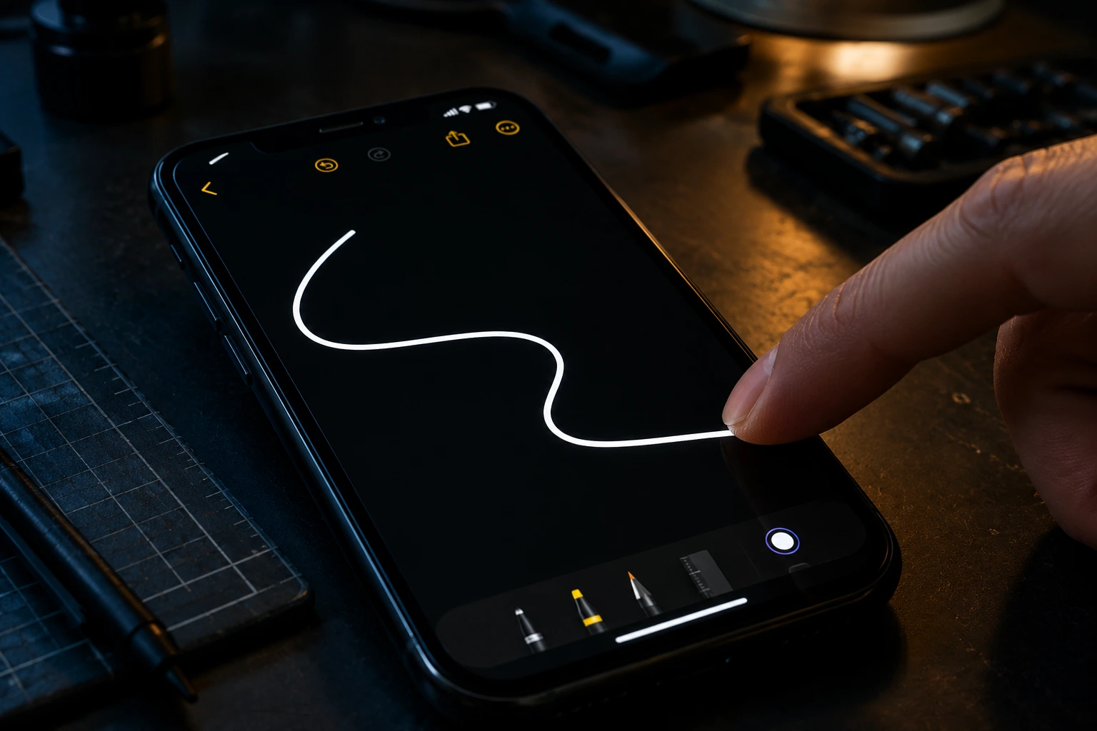A finger drawing a continuous line on an iPhone screen using the Notes app