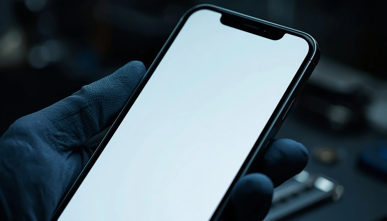 A close up of an iPhone screen displaying a solid white test pattern