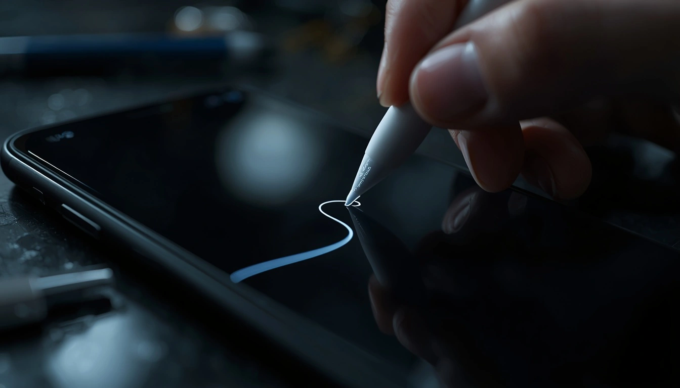 A finger drawing a continuous line on an iPhone screen using the Notes app