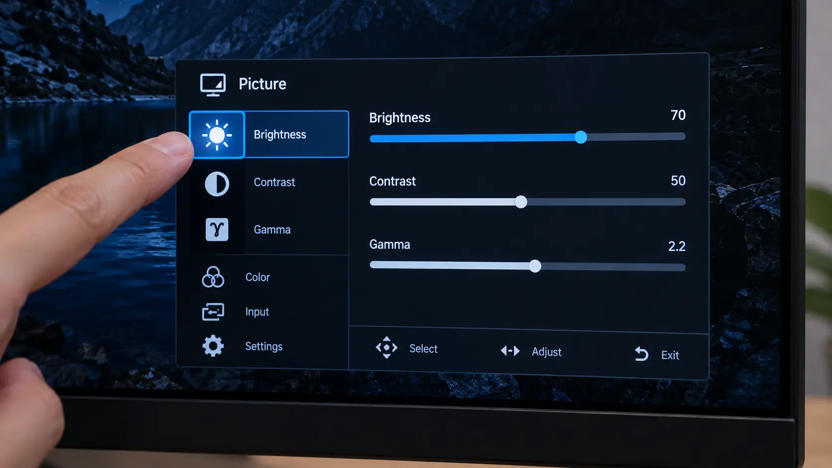 Monitor on-screen menu with brightness and contrast settings