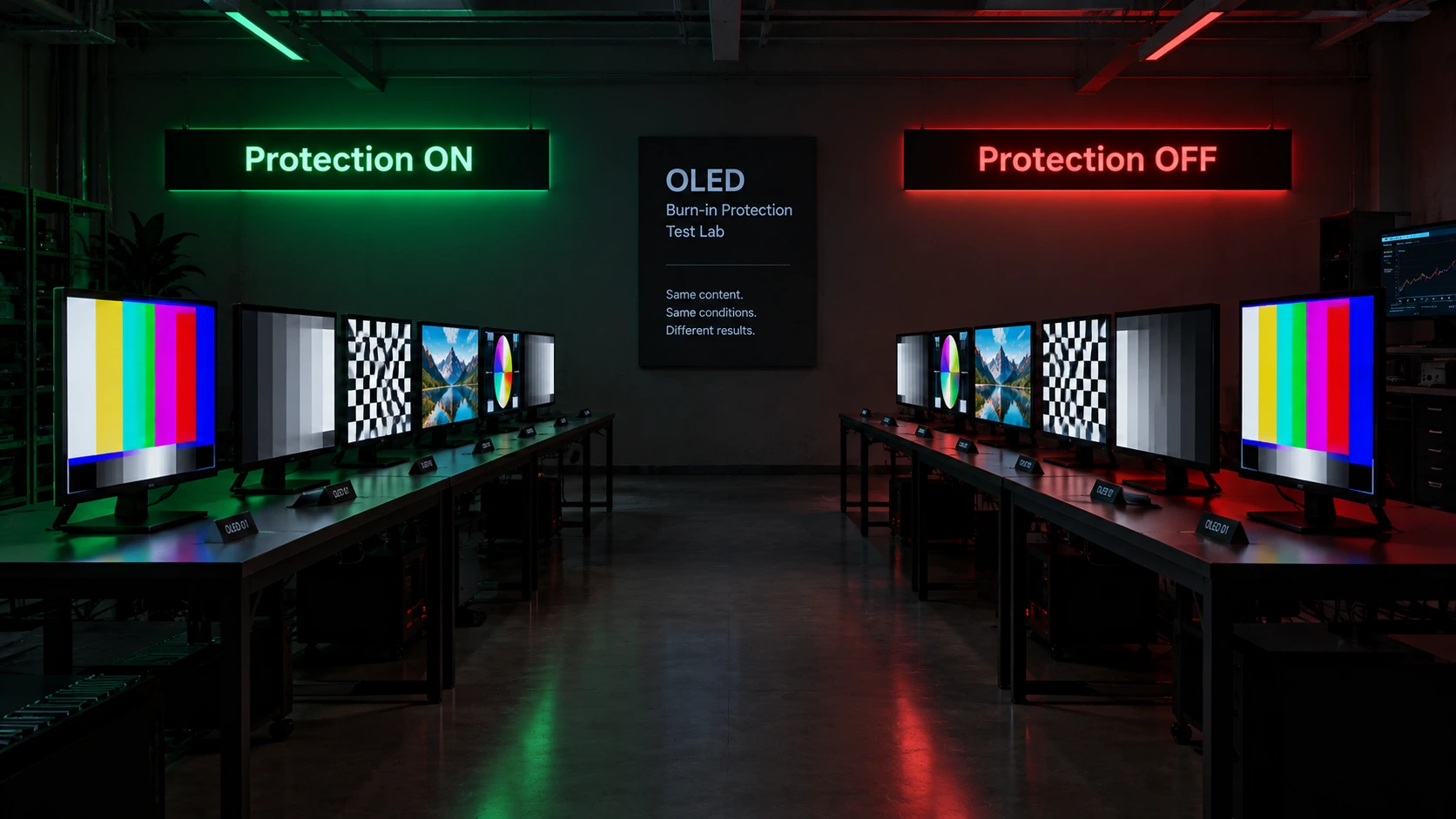 Comparison of two OLED monitors, one with burn-in and one without