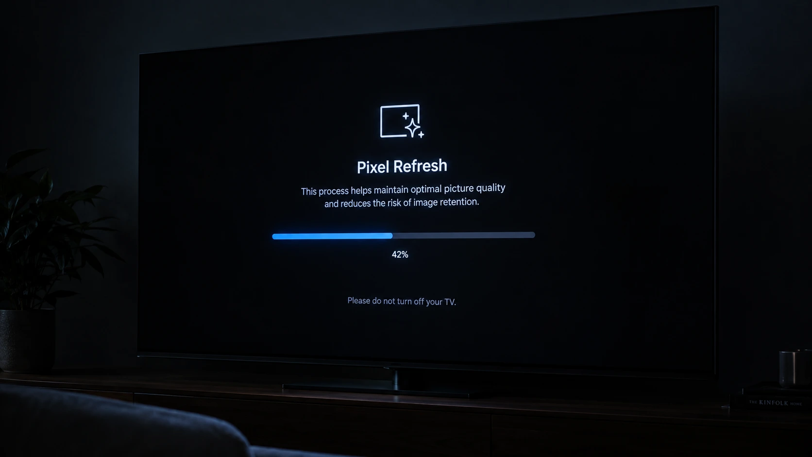 OLED monitor displaying a pixel refresh progress bar