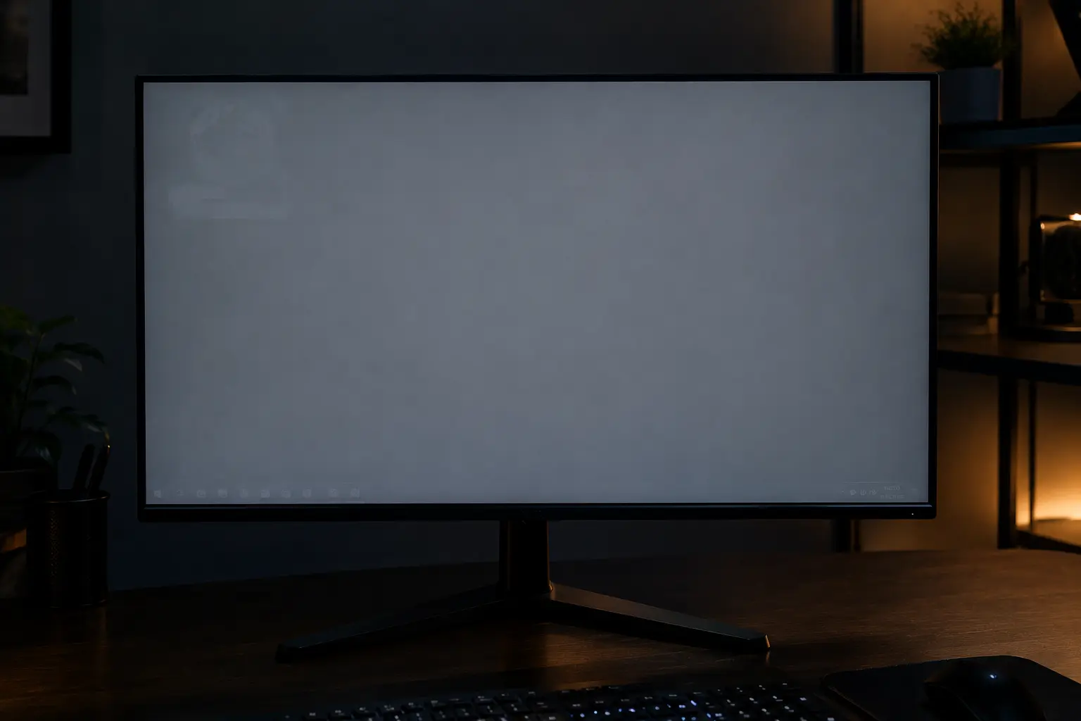 A used OLED monitor displaying a gray screen to reveal burn-in patterns